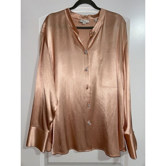 Vince Women’s Relaxed Band Collar Satin Button Up Shirt Size 3X NWT Peach Opal - Picture 2 of 8